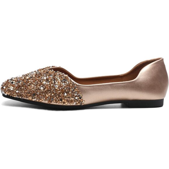 Fsfdamai Flat Shoes Women Golden Leather Square Toe Bling Glitter Casual Shoes - Picture 2 of 6